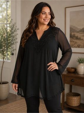 Jessica Black Sheer Embroidered Tunic Blouse Elegant Boho Plus Size Top. Ptp 25